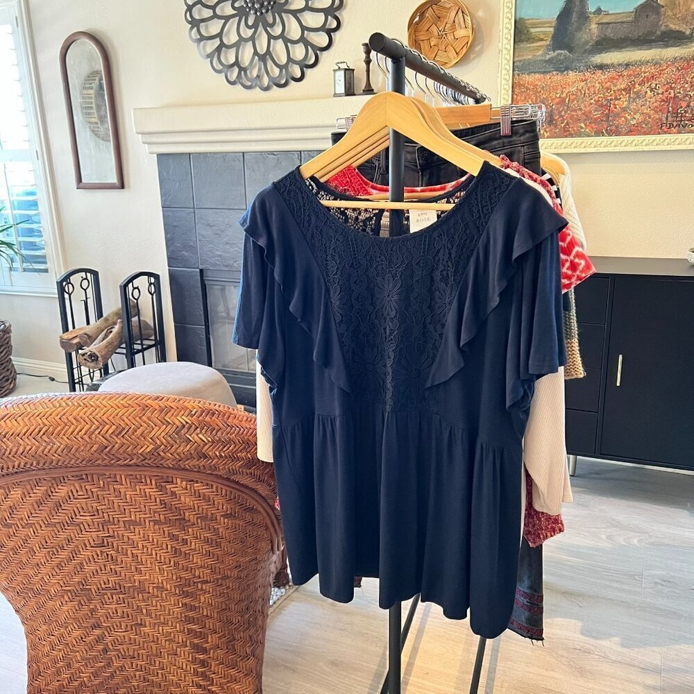 Knox Rose Blouse Womens Size XXL Navy Indigo Ink Floral Lace Babydoll Top - Picture 16 of 16